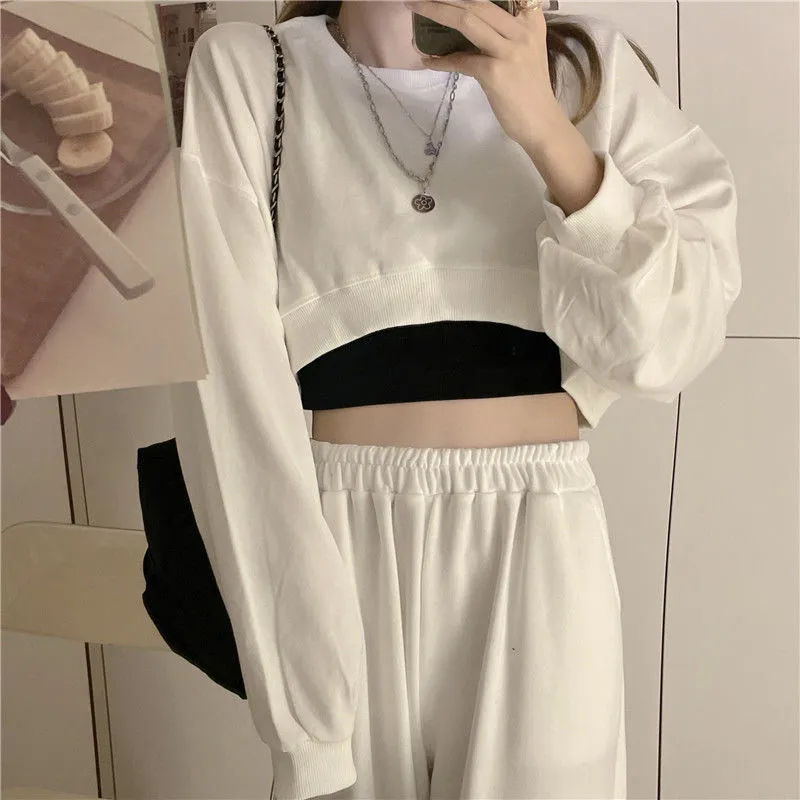 -Fall Outfits -Fall Outfits Long Sleeve Top   Graduation party  Women Pullover Solid Cropped Hoodies Long Sleeves Loose Sweatshirts Casual Crop Tops for Spring Autumn Winter Mujer