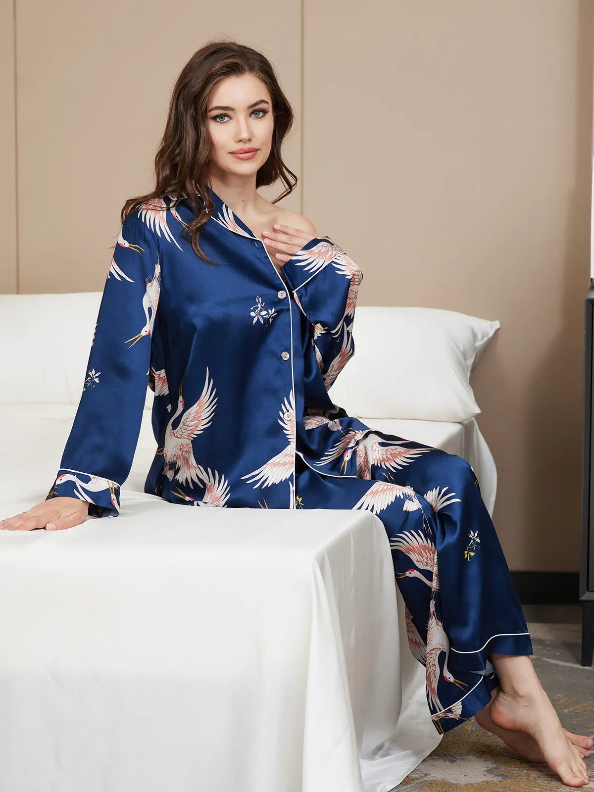 19Momme Zuivere Zijde Printed Klassiek Binding Trim Dames Pyjama Set.