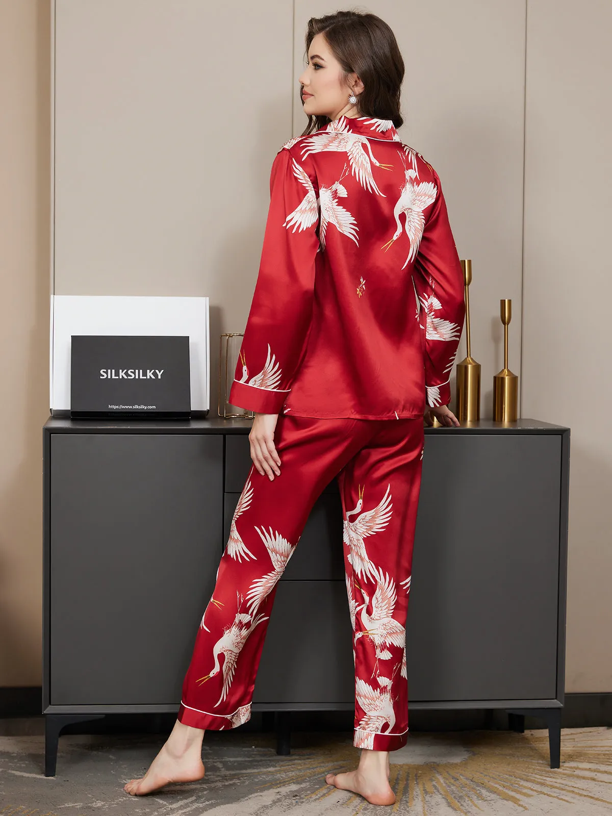 19Momme Zuivere Zijde Printed Klassiek Binding Trim Dames Pyjama Set.