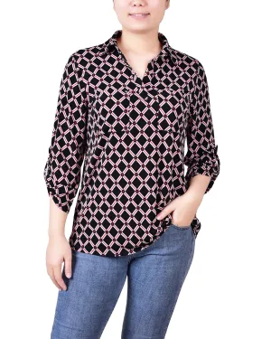 3/4 Roll Tab Sleeve Studded Y Neck Top 1