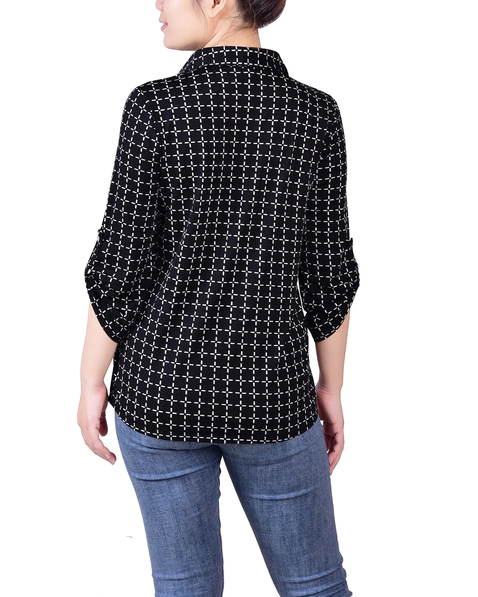 3/4 Roll Tab Sleeve Studded Y Neck Top 1