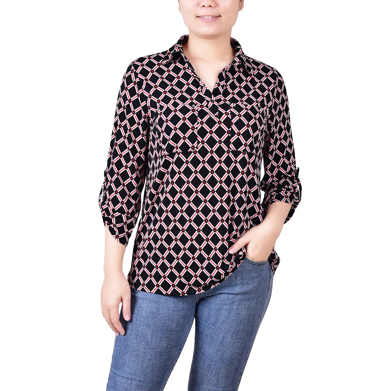 3/4 Roll Tab Sleeve Studded Y Neck Top 1