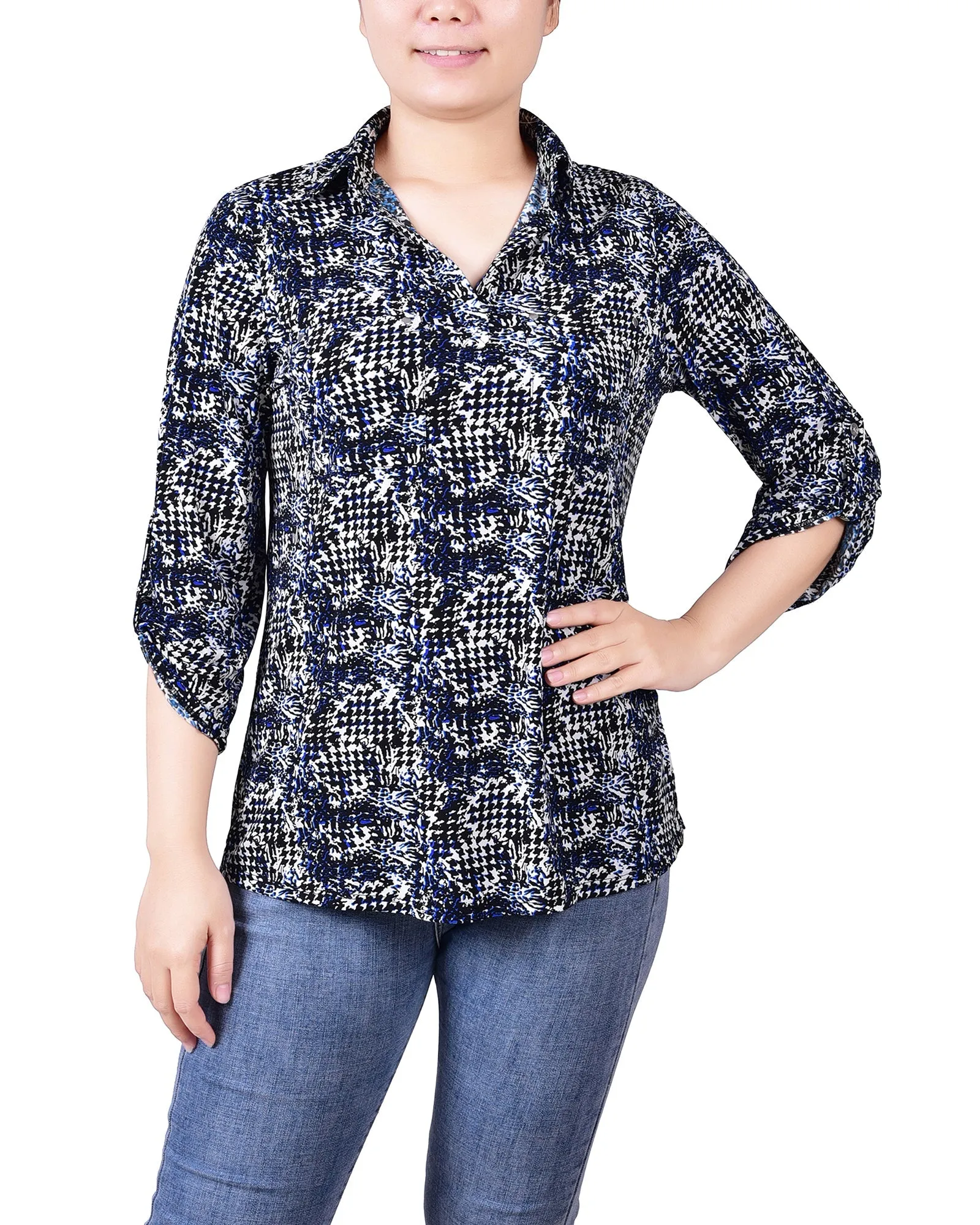 3/4 Roll Tab Sleeve Studded Y Neck Top 1