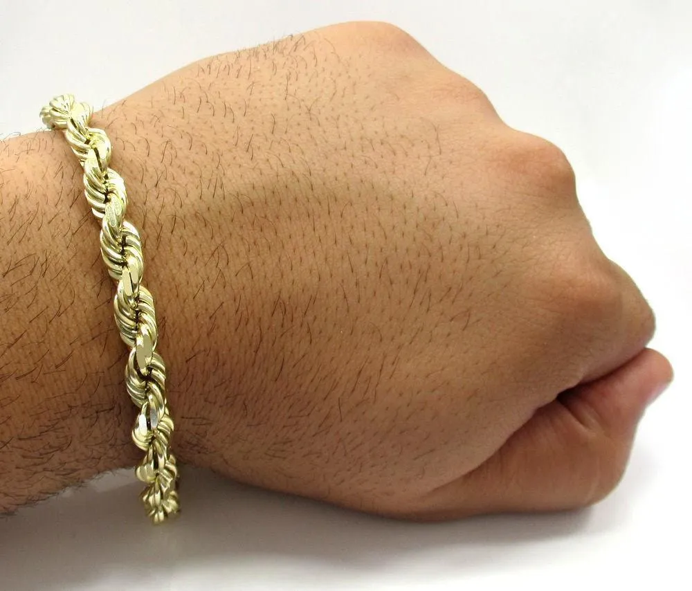 7 MM 10K Yellow Gold Diamond Cut Rope Chain Bracelet 8 to 9 Inches