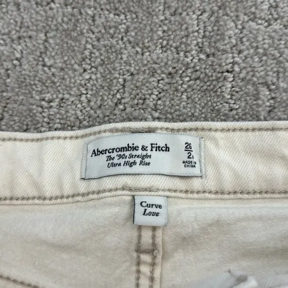 A&amp;F 90s straight ultra high rise curve love cream white denim jeans waist white