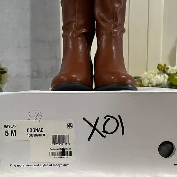 Bar III Vaylap Studded Knee High Almond Low Heel Riding Boots Cognac Tan 5 NIB