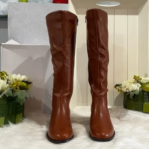 Bar III Vaylap Studded Knee High Almond Low Heel Riding Boots Cognac Tan 5 NIB