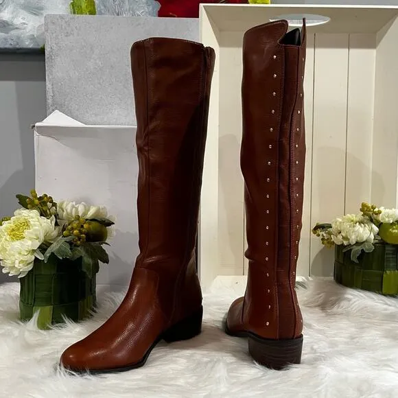 Bar III Vaylap Studded Knee High Almond Low Heel Riding Boots Cognac Tan 5 NIB