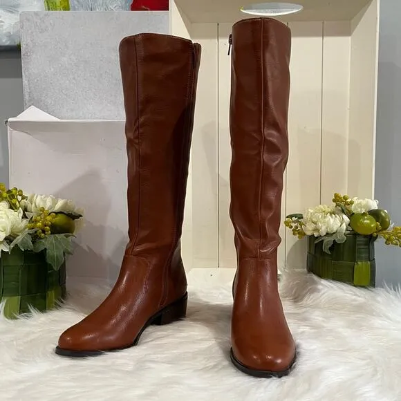 Bar III Vaylap Studded Knee High Almond Low Heel Riding Boots Cognac Tan 5 NIB