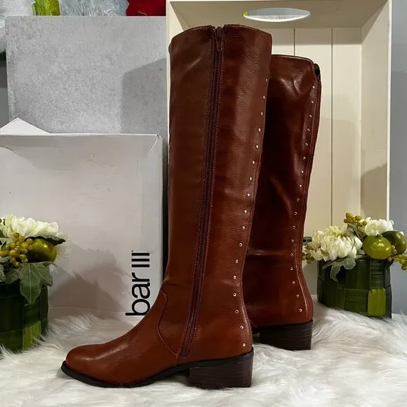 Bar III Vaylap Studded Knee High Almond Low Heel Riding Boots Cognac Tan 5 NIB