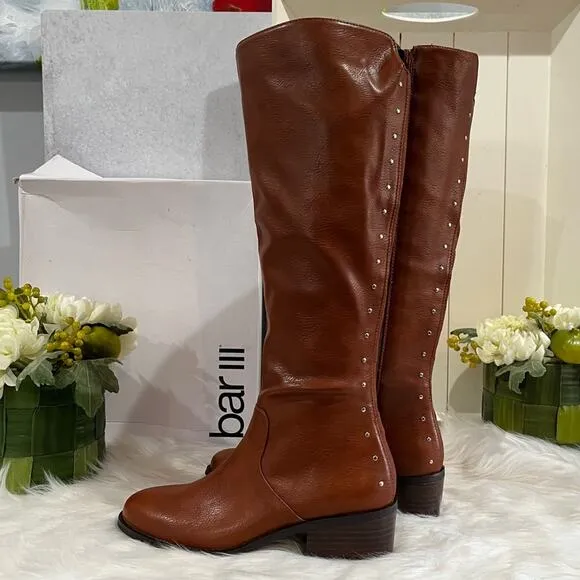 Bar III Vaylap Studded Knee High Almond Low Heel Riding Boots Cognac Tan 5 NIB