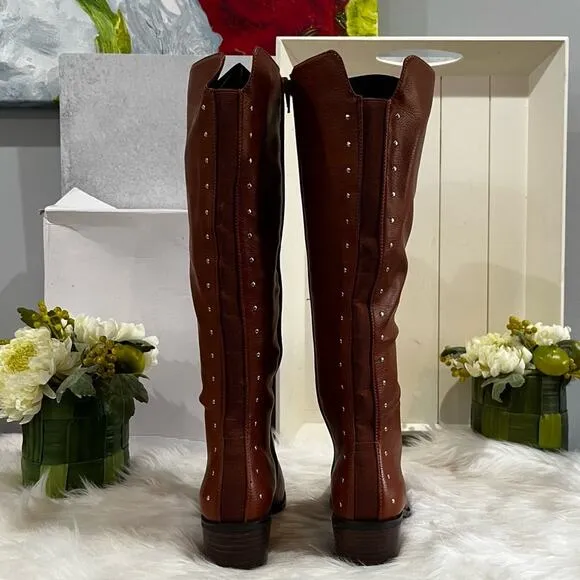 Bar III Vaylap Studded Knee High Almond Low Heel Riding Boots Cognac Tan 5 NIB