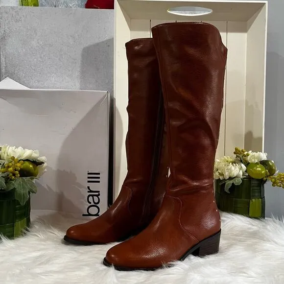 Bar III Vaylap Studded Knee High Almond Low Heel Riding Boots Cognac Tan 5 NIB