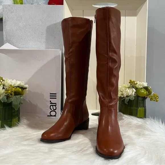 Bar III Vaylap Studded Knee High Almond Low Heel Riding Boots Cognac Tan 5 NIB