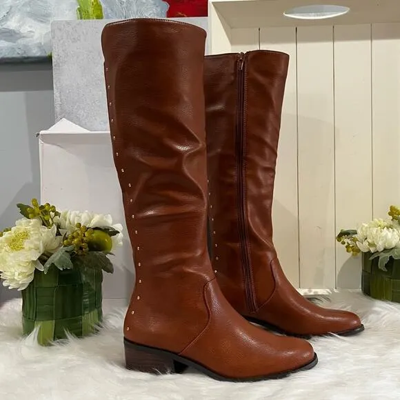 Bar III Vaylap Studded Knee High Almond Low Heel Riding Boots Cognac Tan 5 NIB
