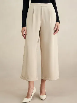 Beige Wide Legged Bottom Fold Up Detail Trousers