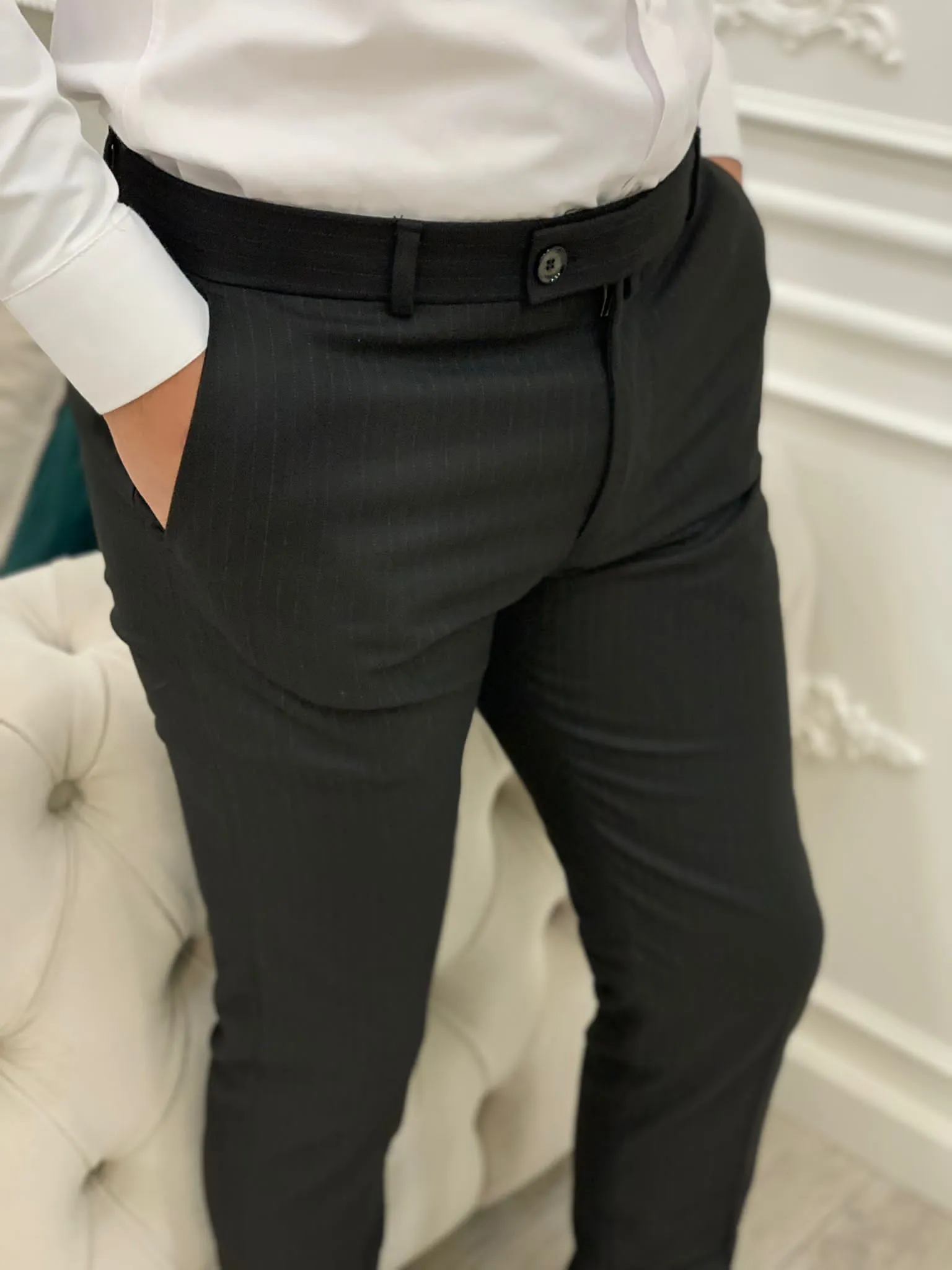 Black Striped Italian Style Slim Fit Trousers