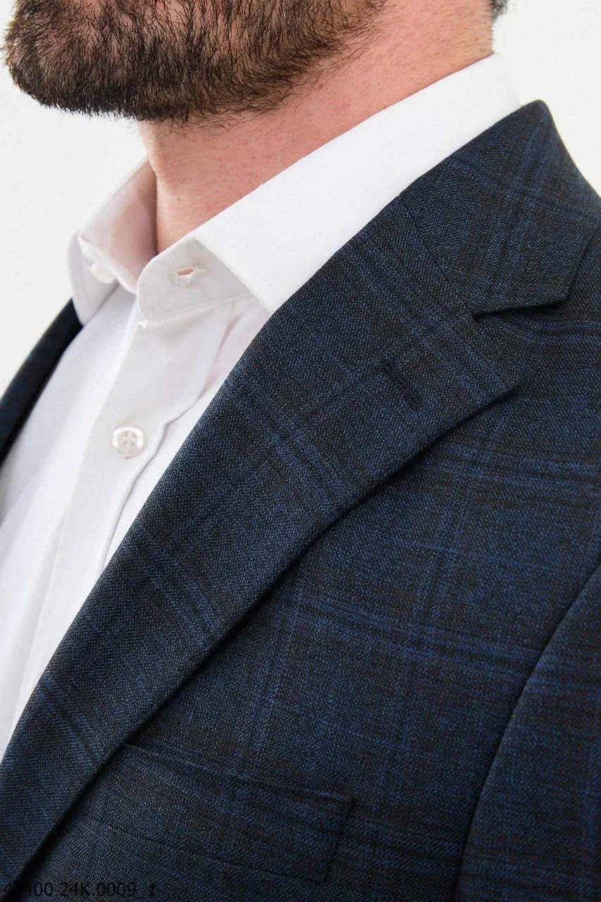 Brabion Dante Navy Blue Slim Fit Plaid Wool Blazer