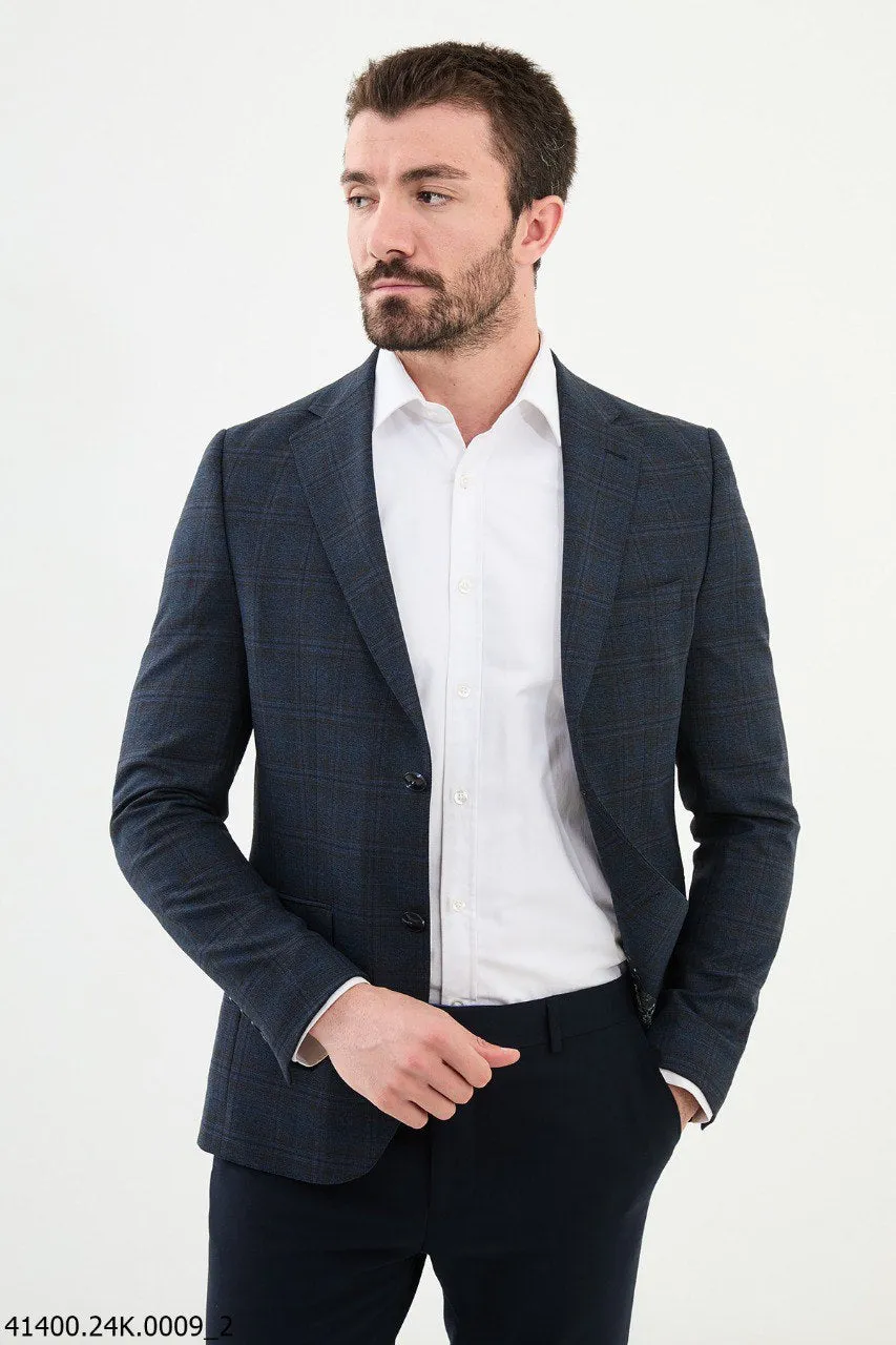 Brabion Dante Navy Blue Slim Fit Plaid Wool Blazer