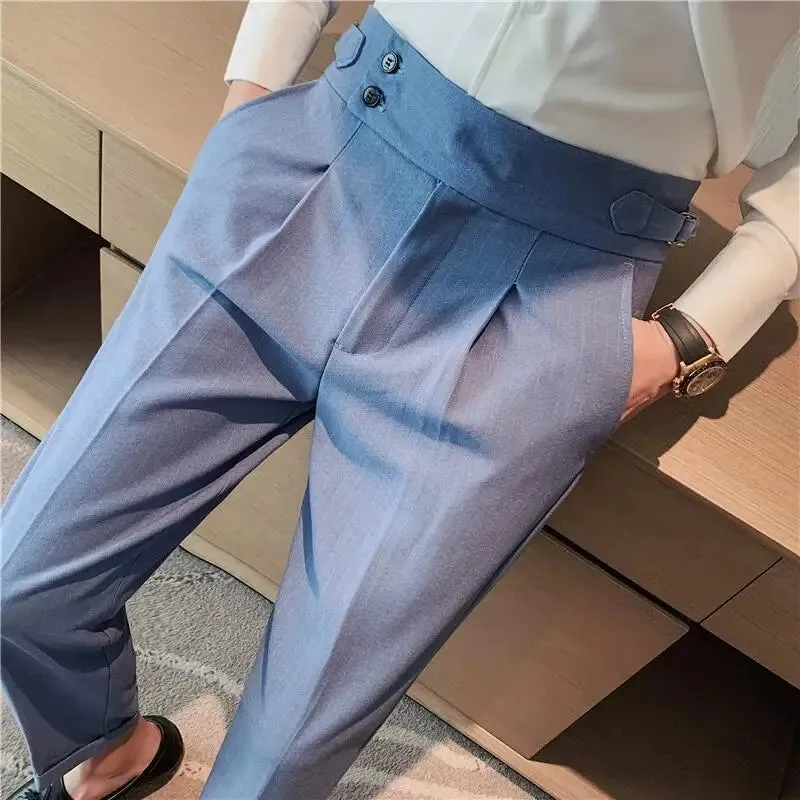 British Style Men's High Waist Casual Dress Pants with Belt Design - Slim Trousers