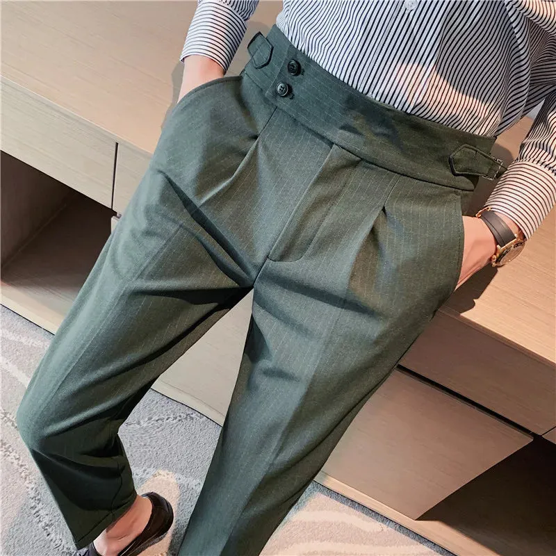 British Style Men's High Waist Casual Dress Pants with Belt Design - Slim Trousers