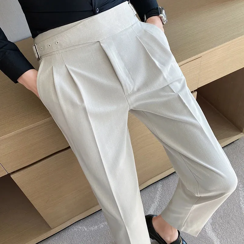 British Style Men's High Waist Casual Dress Pants with Belt Design - Slim Trousers