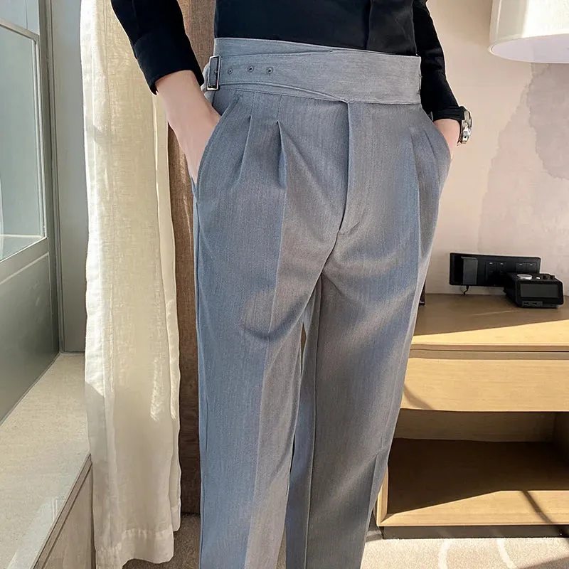 British Style Men's High Waist Casual Dress Pants with Belt Design - Slim Trousers