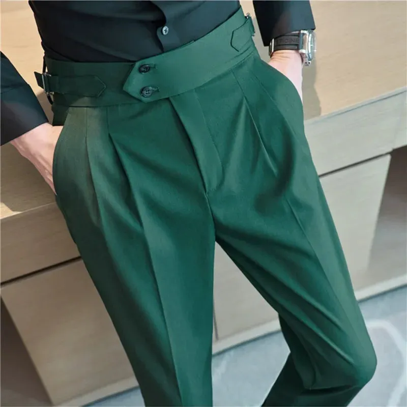 British Style Men's High Waist Casual Dress Pants with Belt Design - Slim Trousers