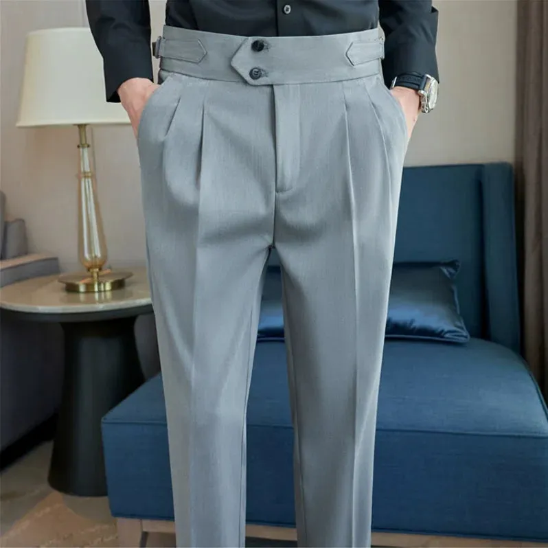 British Style Men's High Waist Casual Dress Pants with Belt Design - Slim Trousers