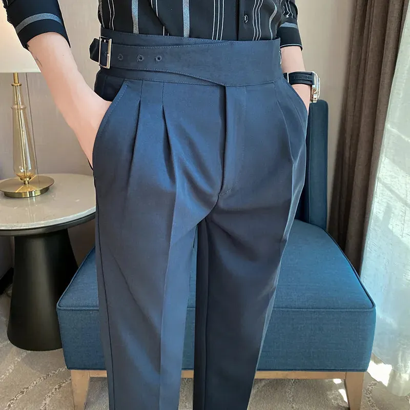 British Style Men's High Waist Casual Dress Pants with Belt Design - Slim Trousers