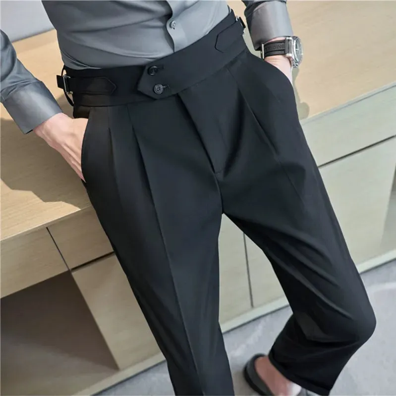 British Style Men's High Waist Casual Dress Pants with Belt Design - Slim Trousers