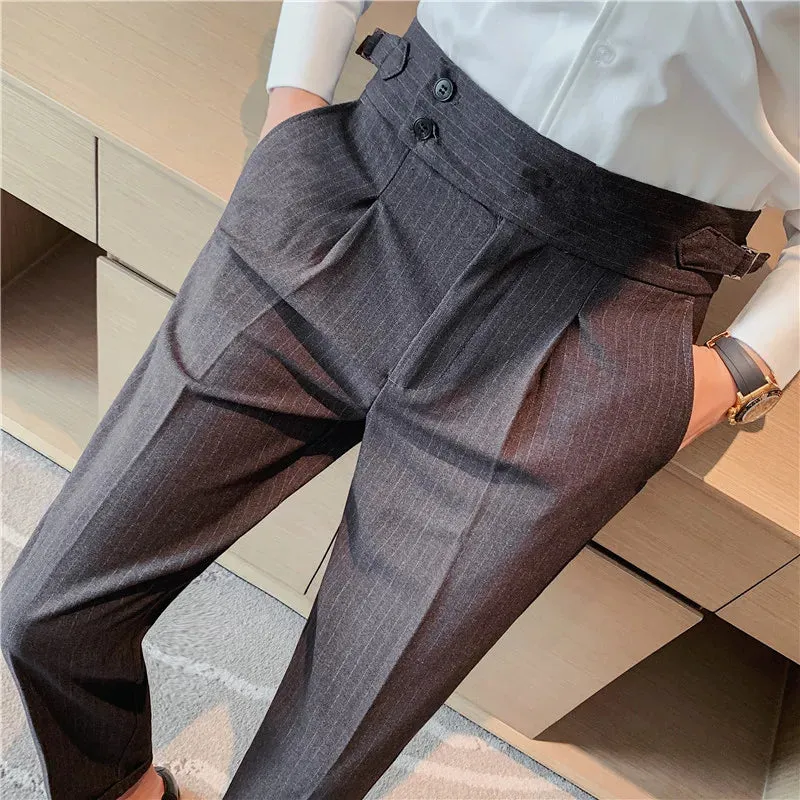 British Style Men's High Waist Casual Dress Pants with Belt Design - Slim Trousers