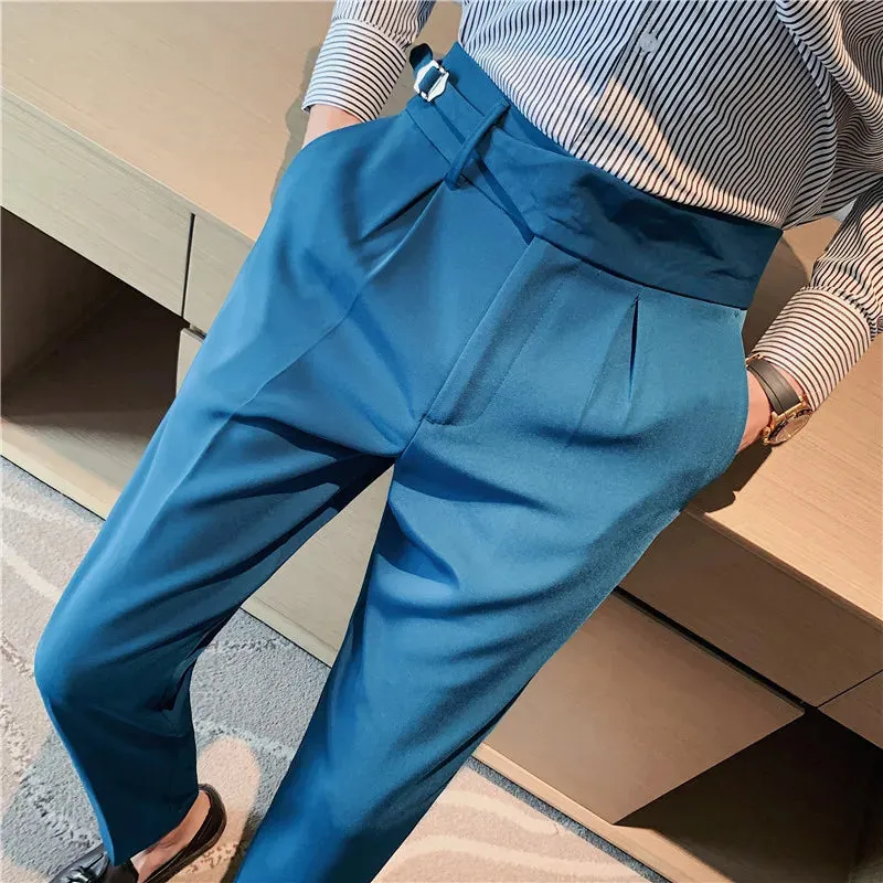 British Style Men's High Waist Casual Dress Pants with Belt Design - Slim Trousers