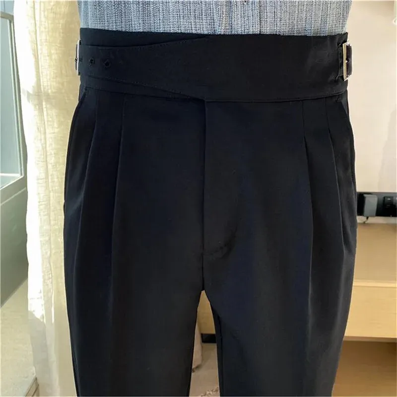 British Style Men's High Waist Casual Dress Pants with Belt Design - Slim Trousers