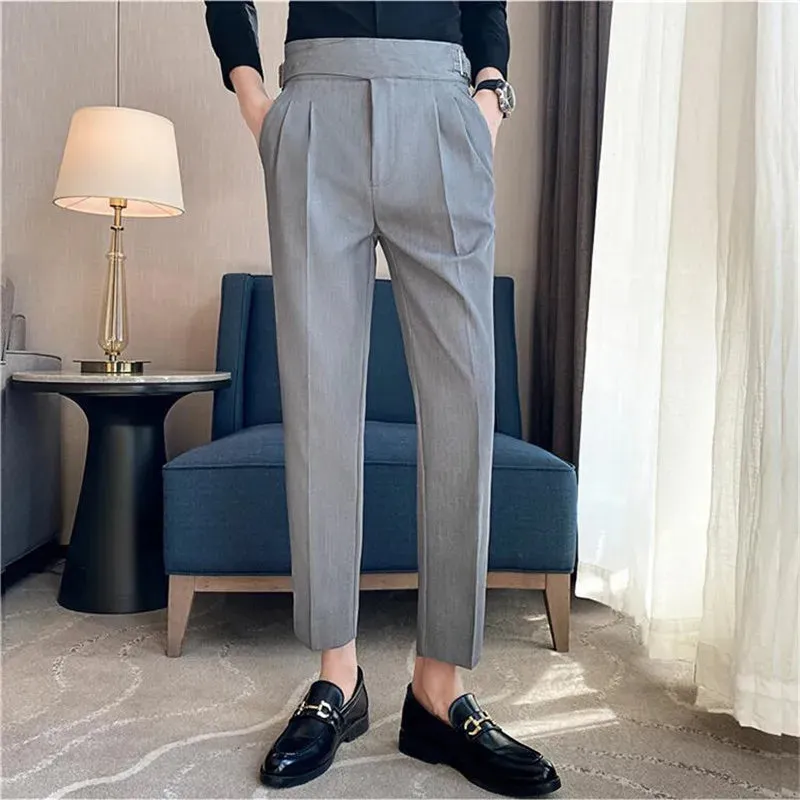 British Style Men's High Waist Casual Dress Pants with Belt Design - Slim Trousers