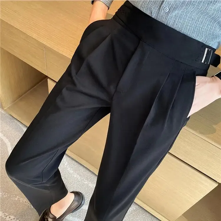 British Style Men's High Waist Casual Dress Pants with Belt Design - Slim Trousers