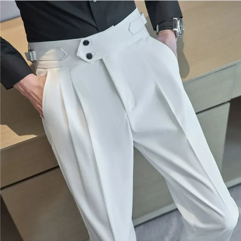 British Style Men's High Waist Casual Dress Pants with Belt Design - Slim Trousers