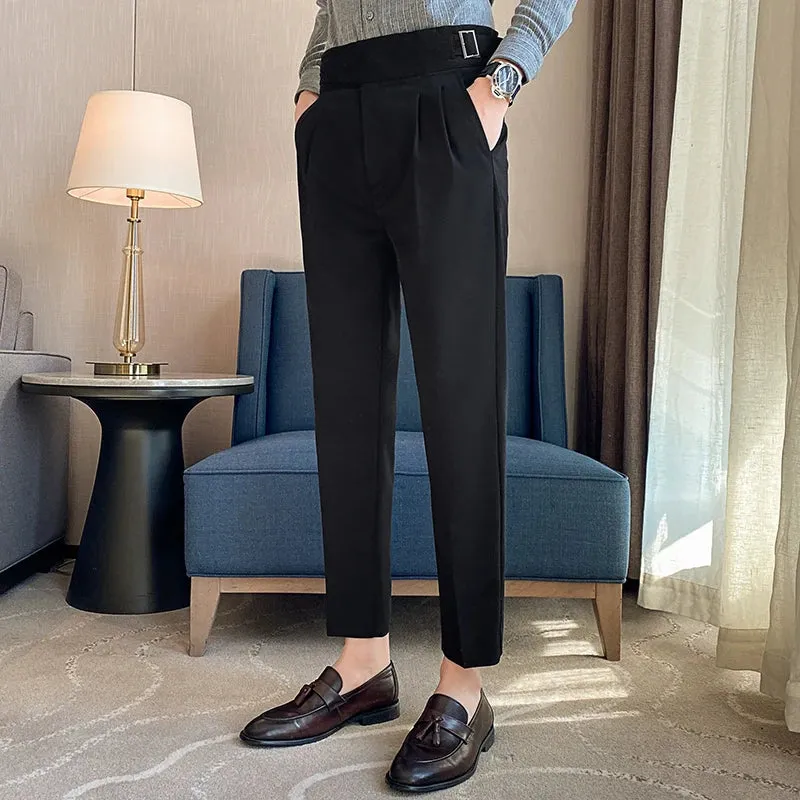 British Style Men's High Waist Casual Dress Pants with Belt Design - Slim Trousers