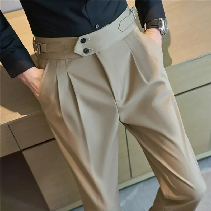British Style Men's High Waist Casual Dress Pants with Belt Design - Slim Trousers