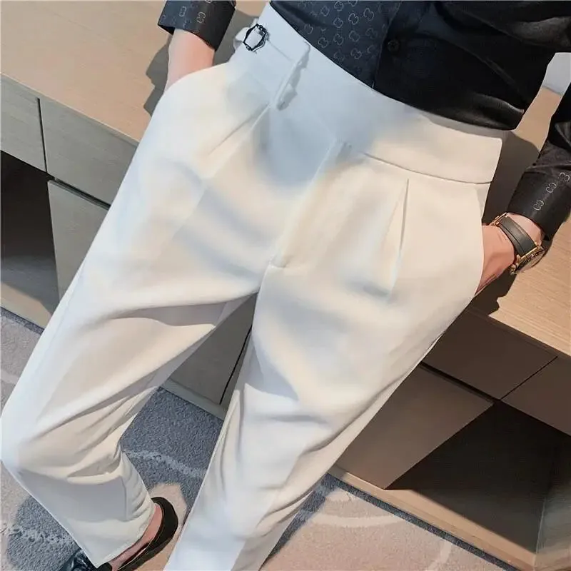 British Style Men's High Waist Casual Dress Pants with Belt Design - Slim Trousers