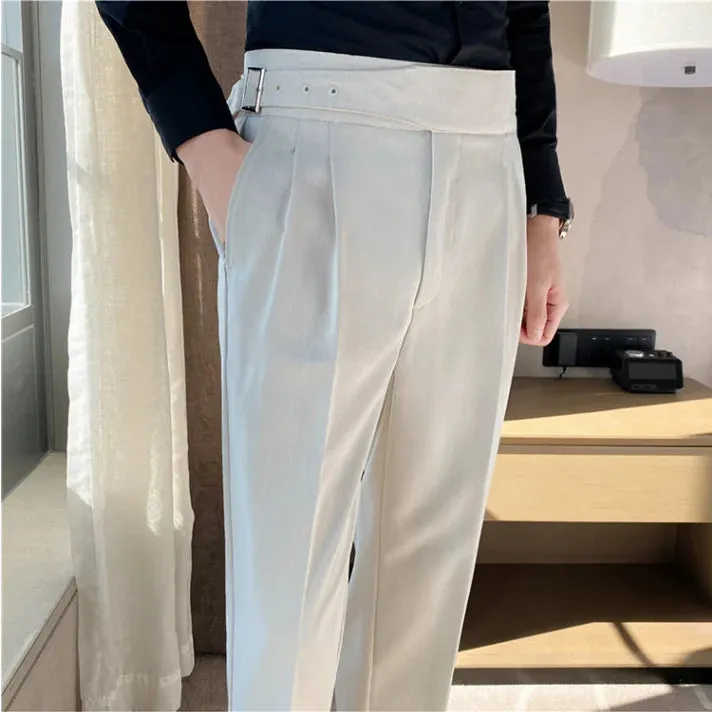British Style Men's High Waist Casual Dress Pants with Belt Design - Slim Trousers