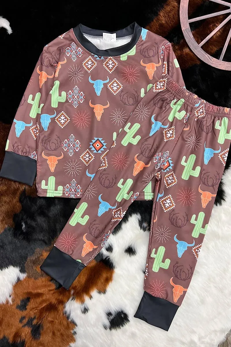 Brown Western Printed Pajama 2 Piece Set