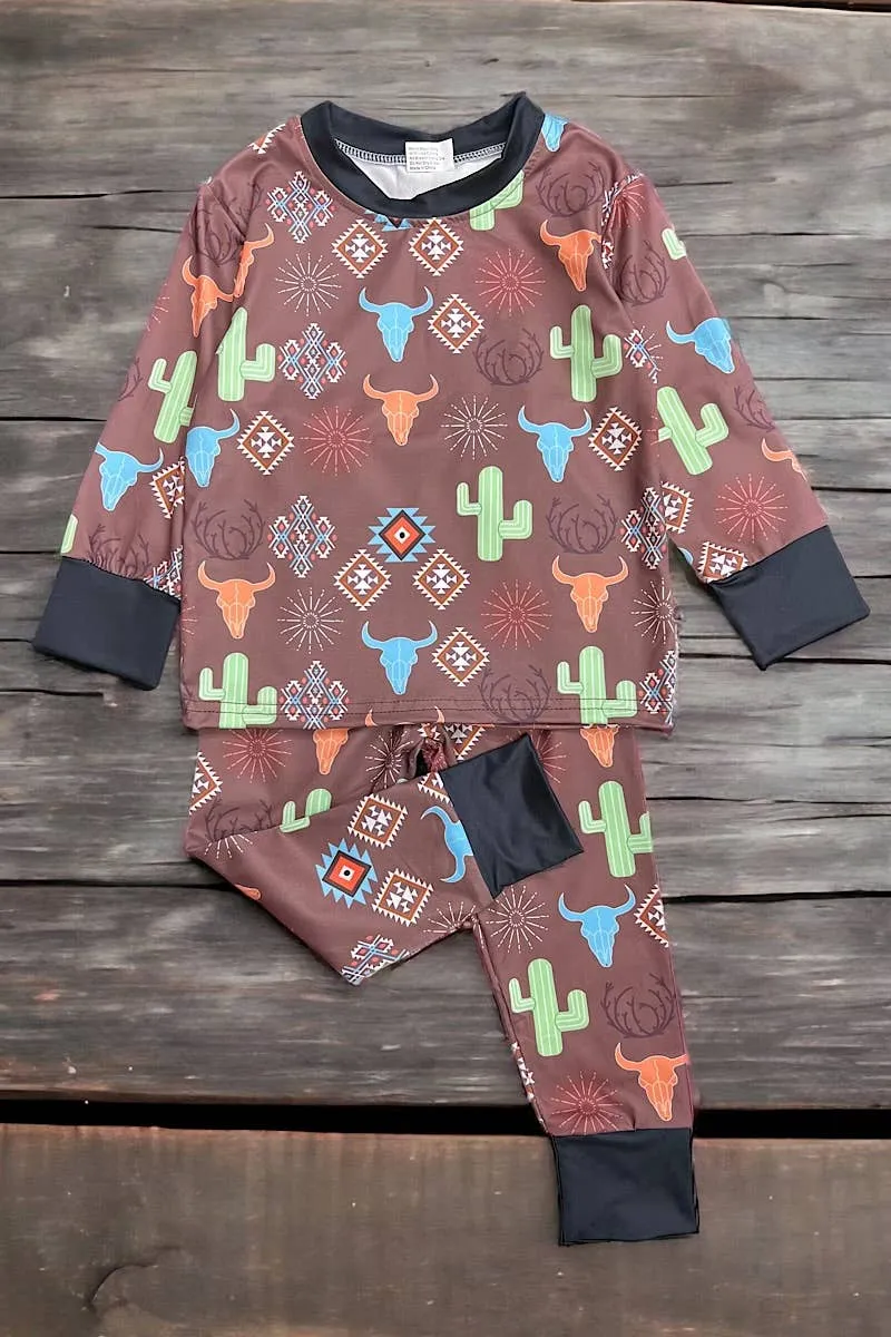 Brown Western Printed Pajama 2 Piece Set