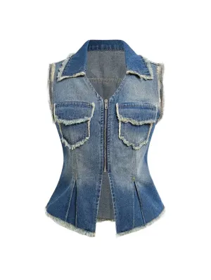 Caitlyn Denim Jacket Sleeveless Fitted Design in Blue
