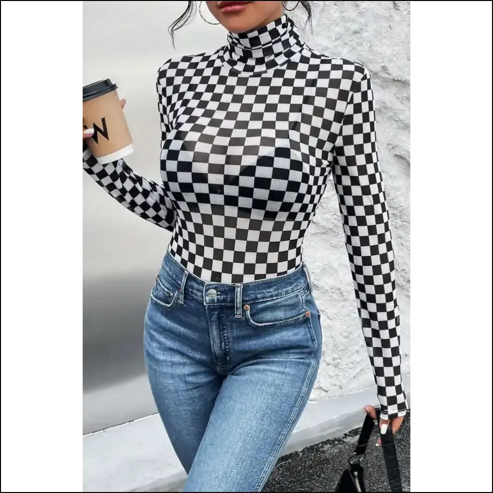 Check Yourself Before you Wreck Yourself Black Checkered Bodysuit