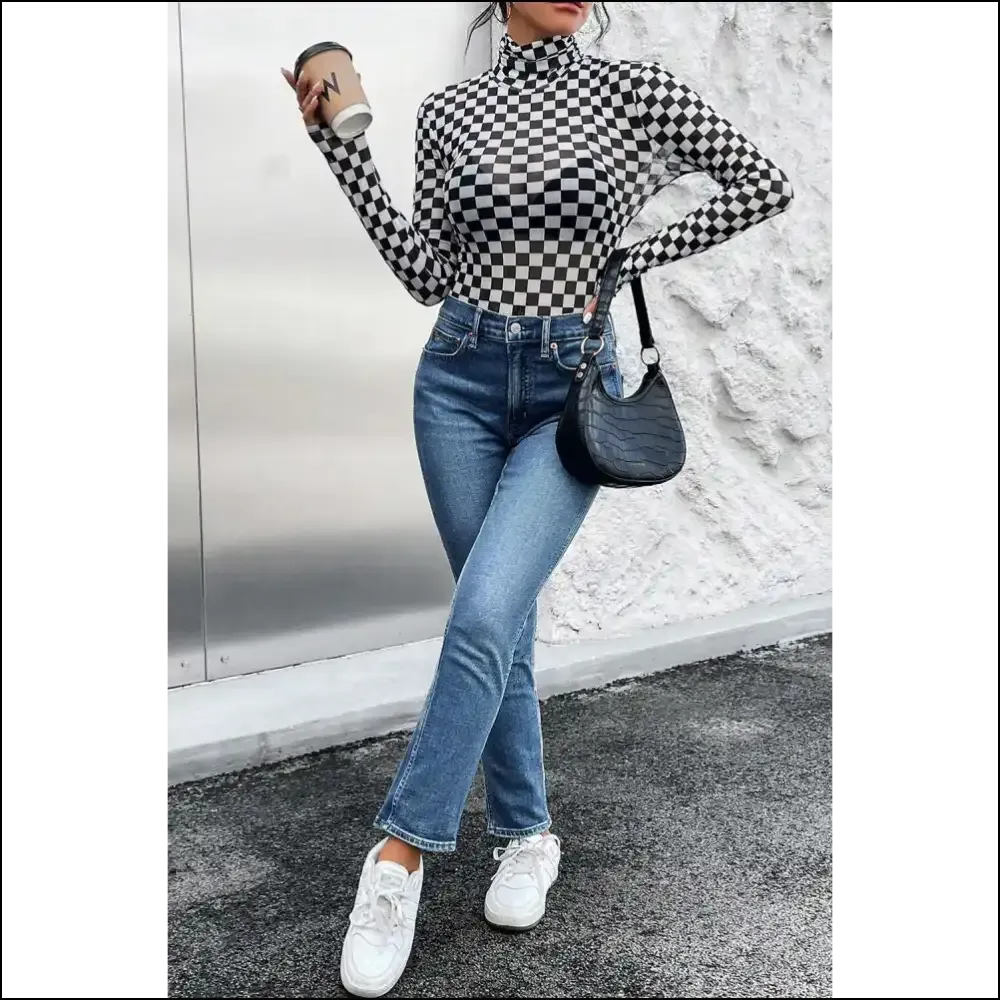 Check Yourself Before you Wreck Yourself Black Checkered Bodysuit