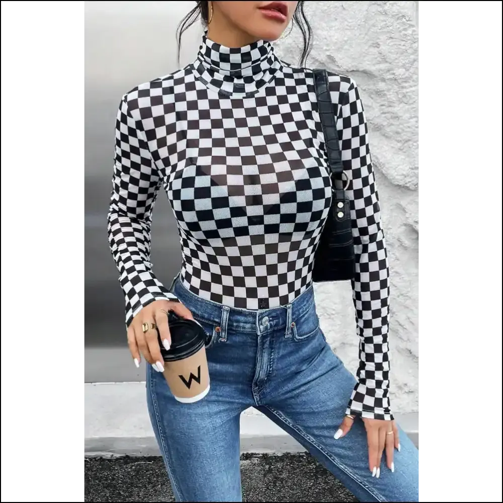Check Yourself Before you Wreck Yourself Black Checkered Bodysuit