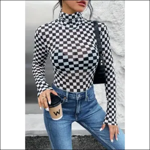Check Yourself Before you Wreck Yourself Black Checkered Bodysuit
