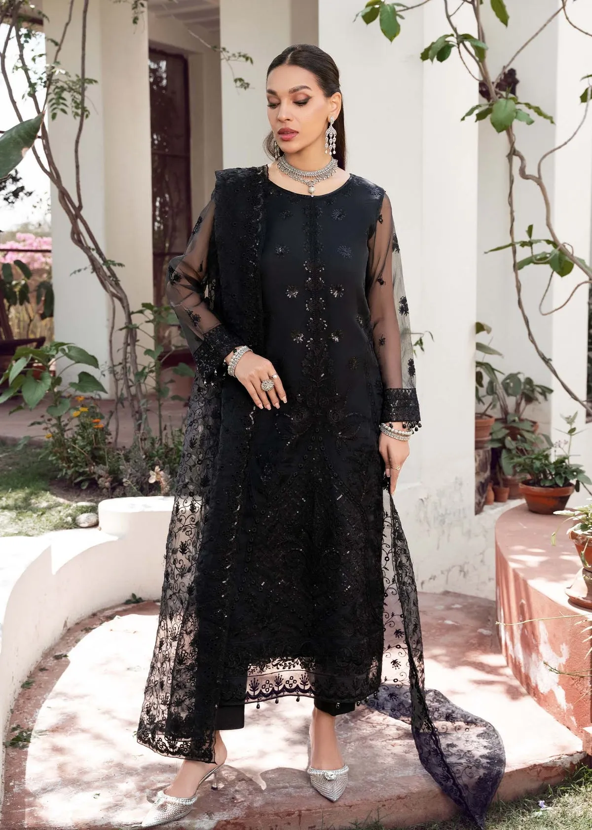 Classic Black Embroidered Pakistani Salwar Kameez Dupatta Suit