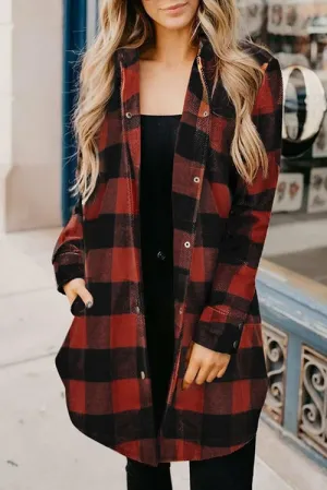 Classic Red Turn-down Collar Plaid Shirt Coat